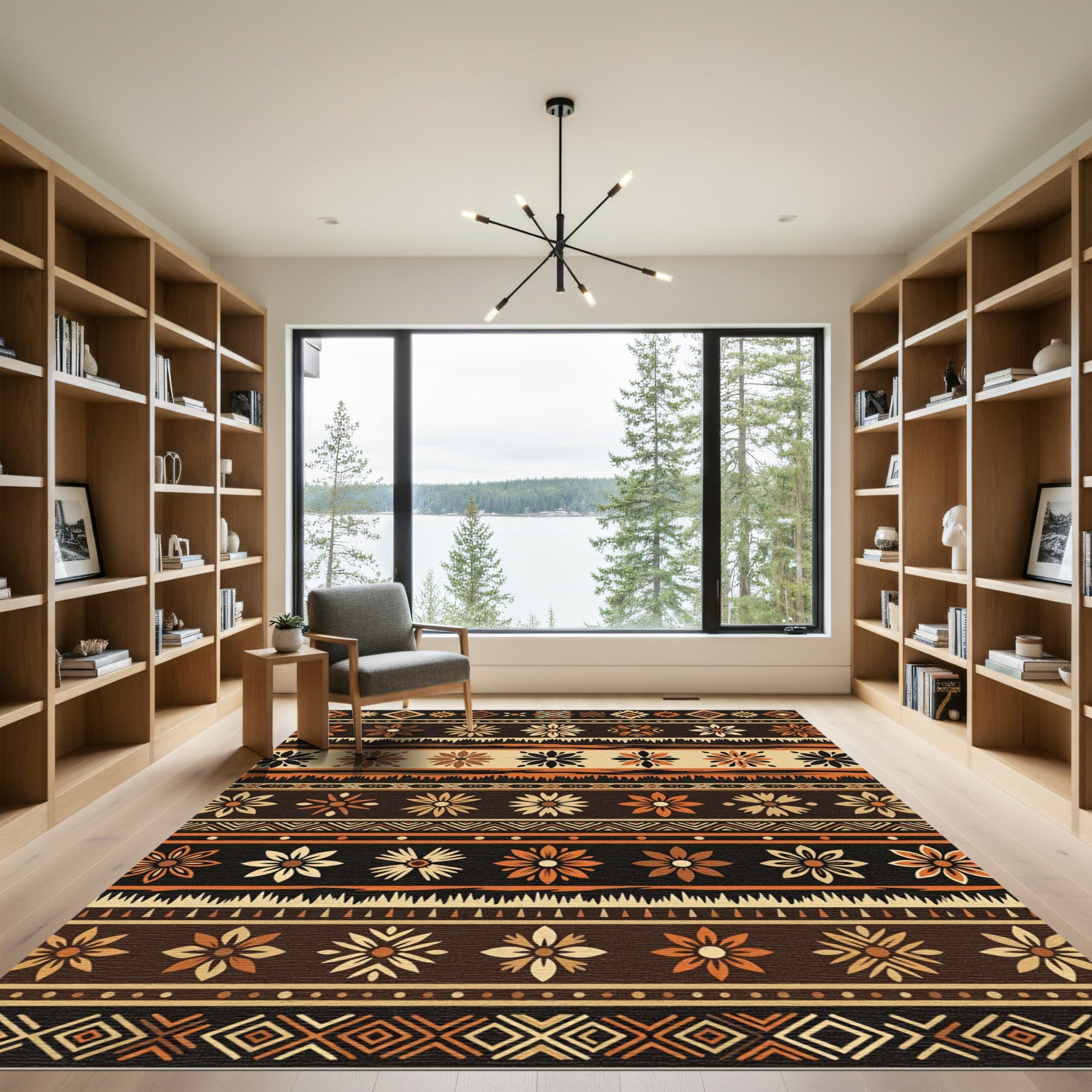 Earthy Brown Orange Floral Geometric Stripes Rug