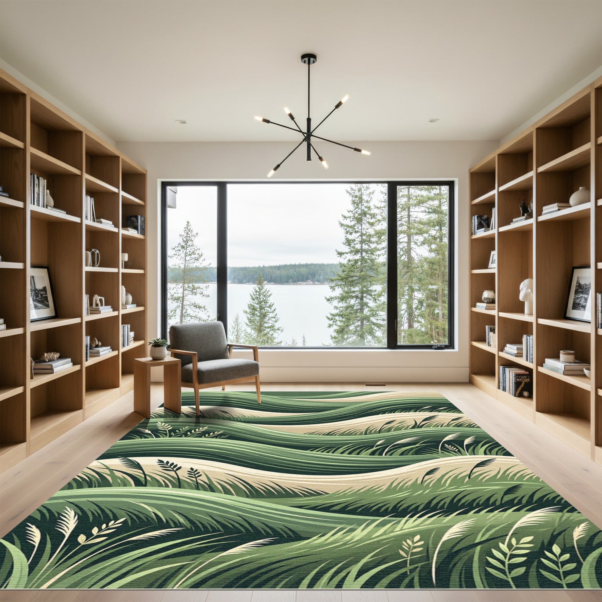 Earthy Green Wavy Grassland Field Rug