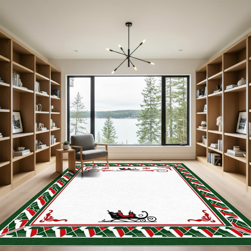 Festive Red Green Sleigh Border Rug
