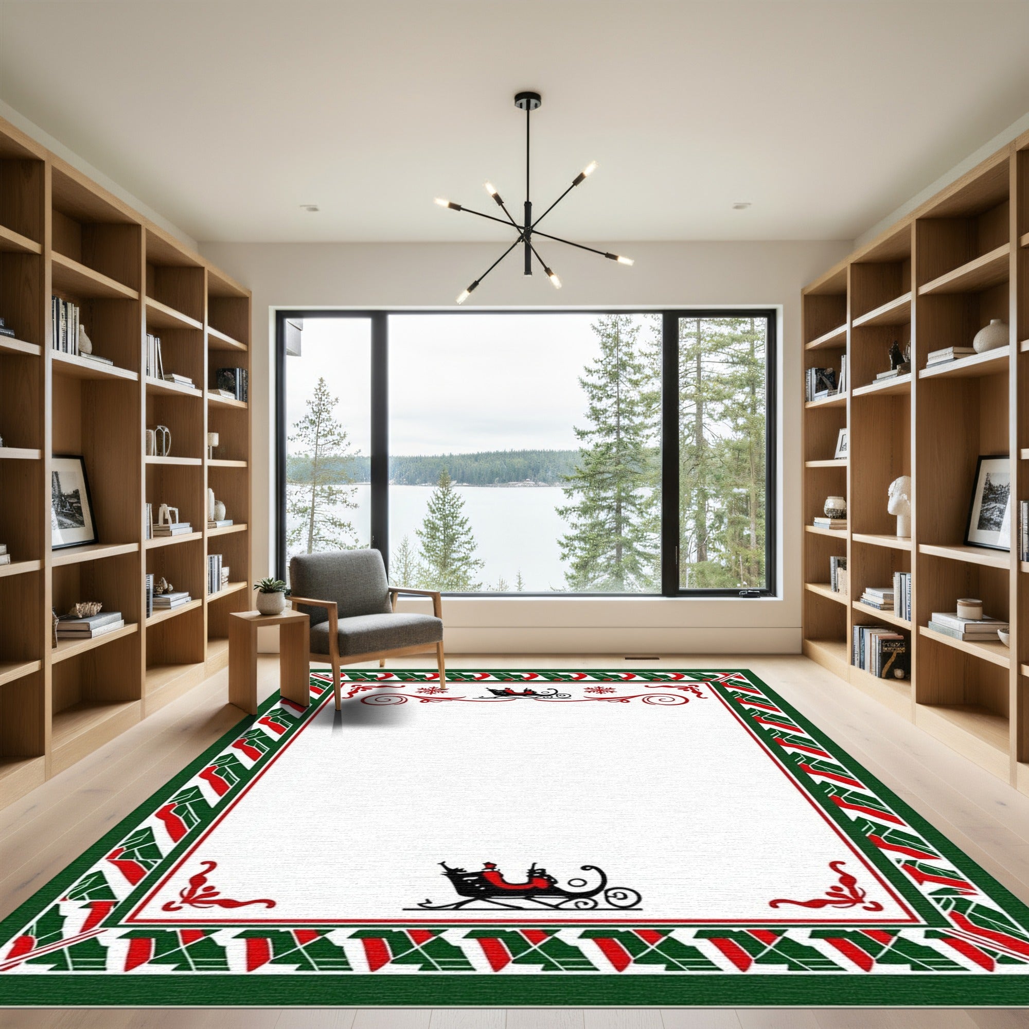 Festive Red Green Sleigh Border Rug