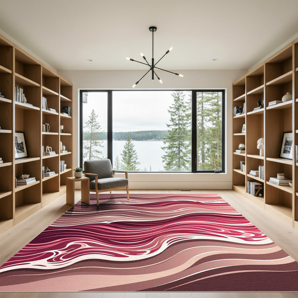 Crimson And Rose Wave Lines Rug
