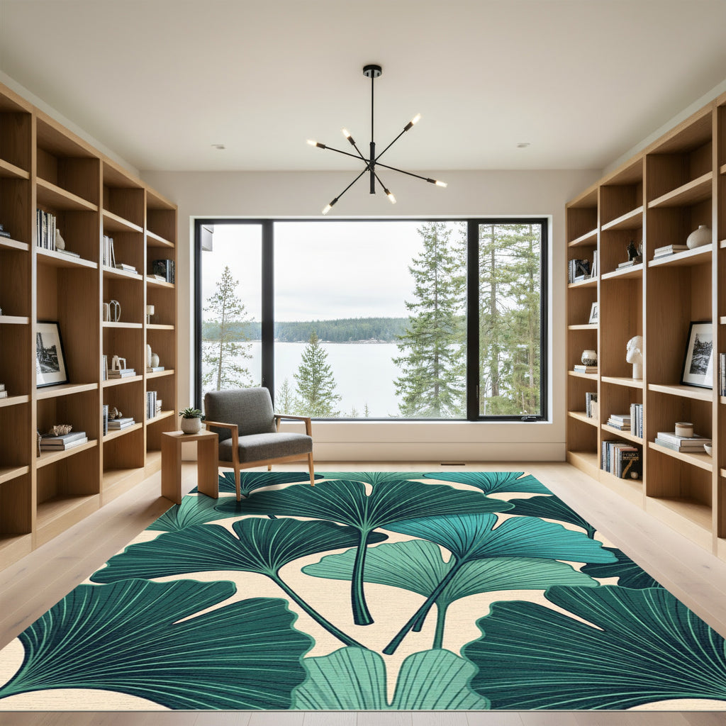 Teal Ginkgo Leaf Arrangement Rug
