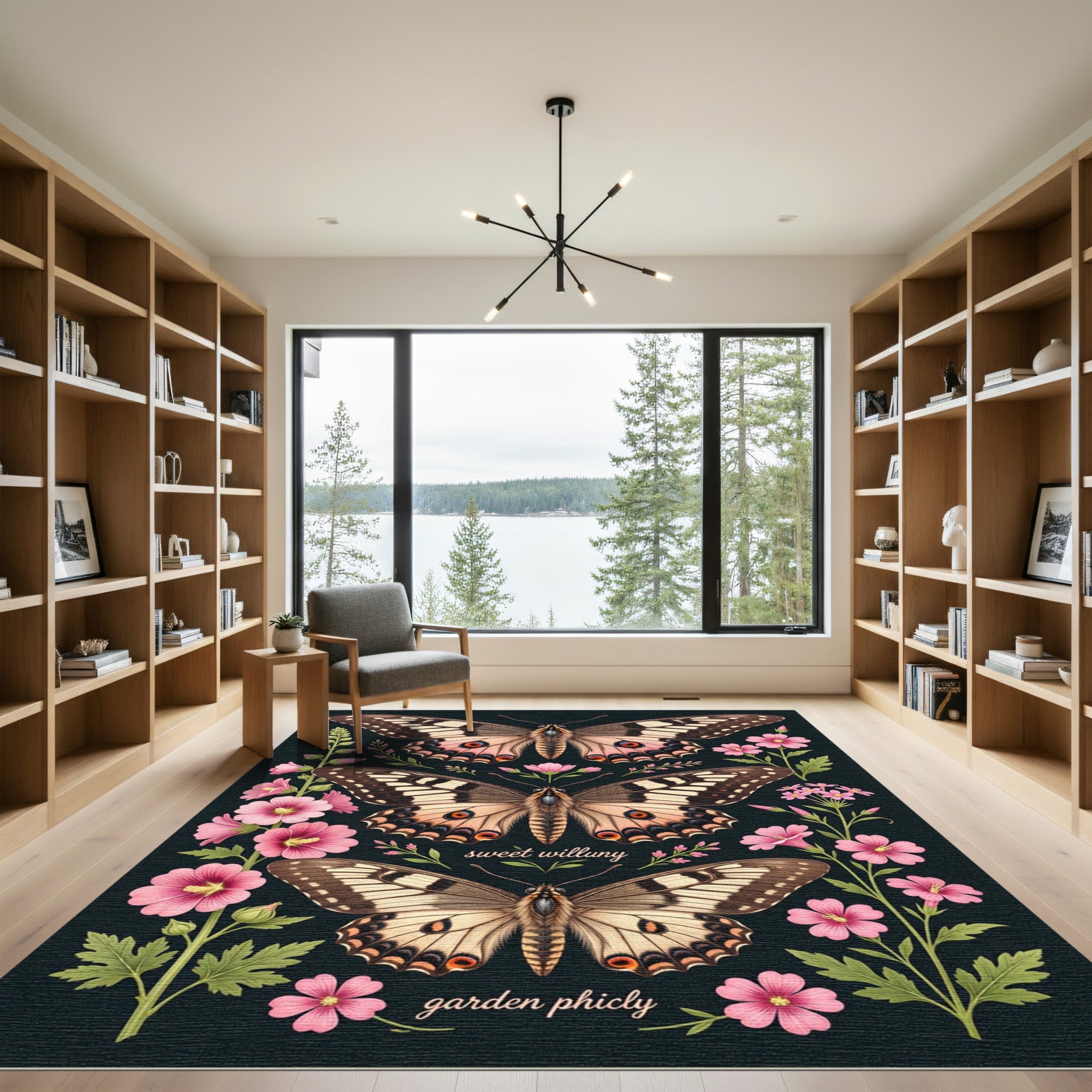 Botanical Butterfly and Pink Flower Composition Rug