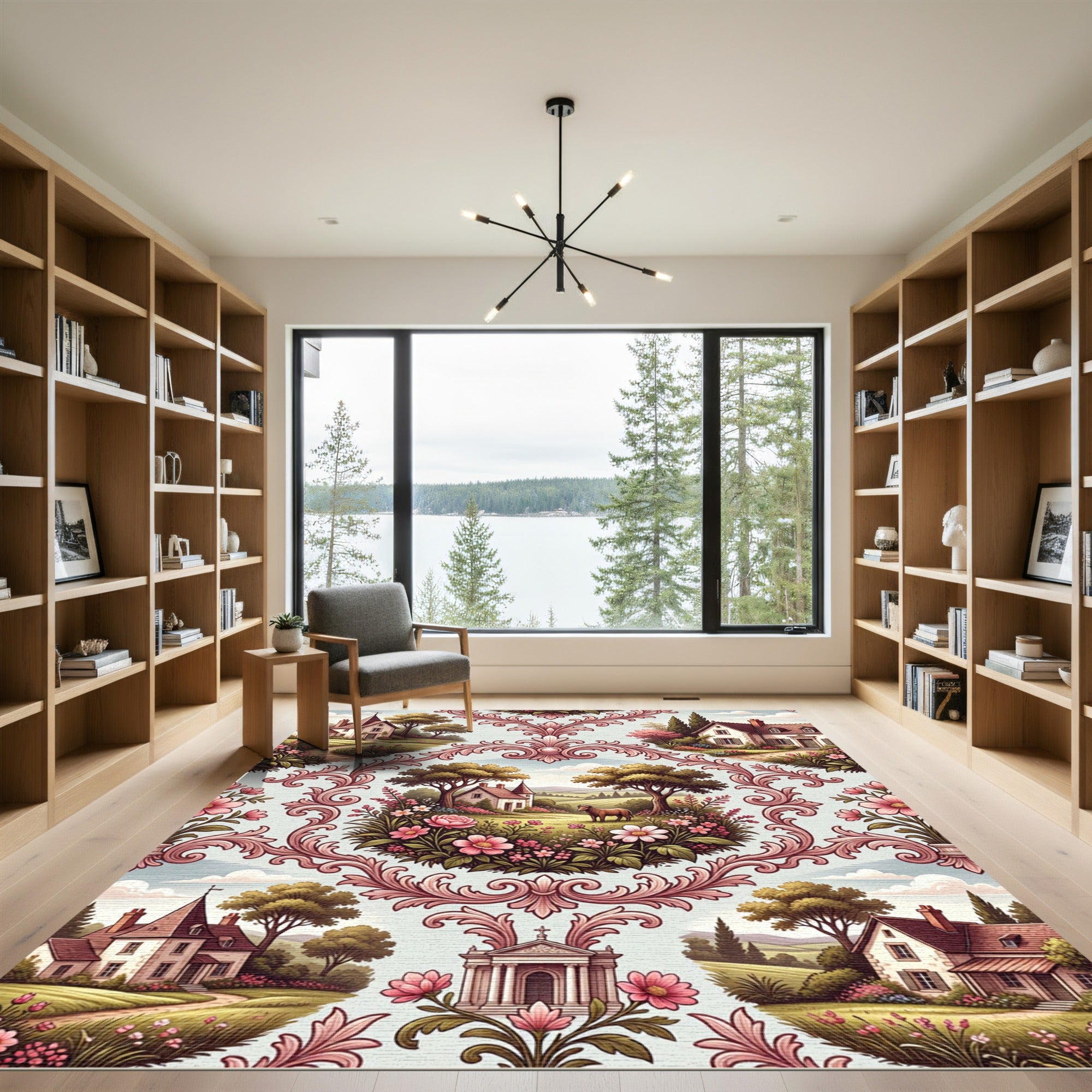 Ornate Rural Pink Chinoiserie Landscape Rug