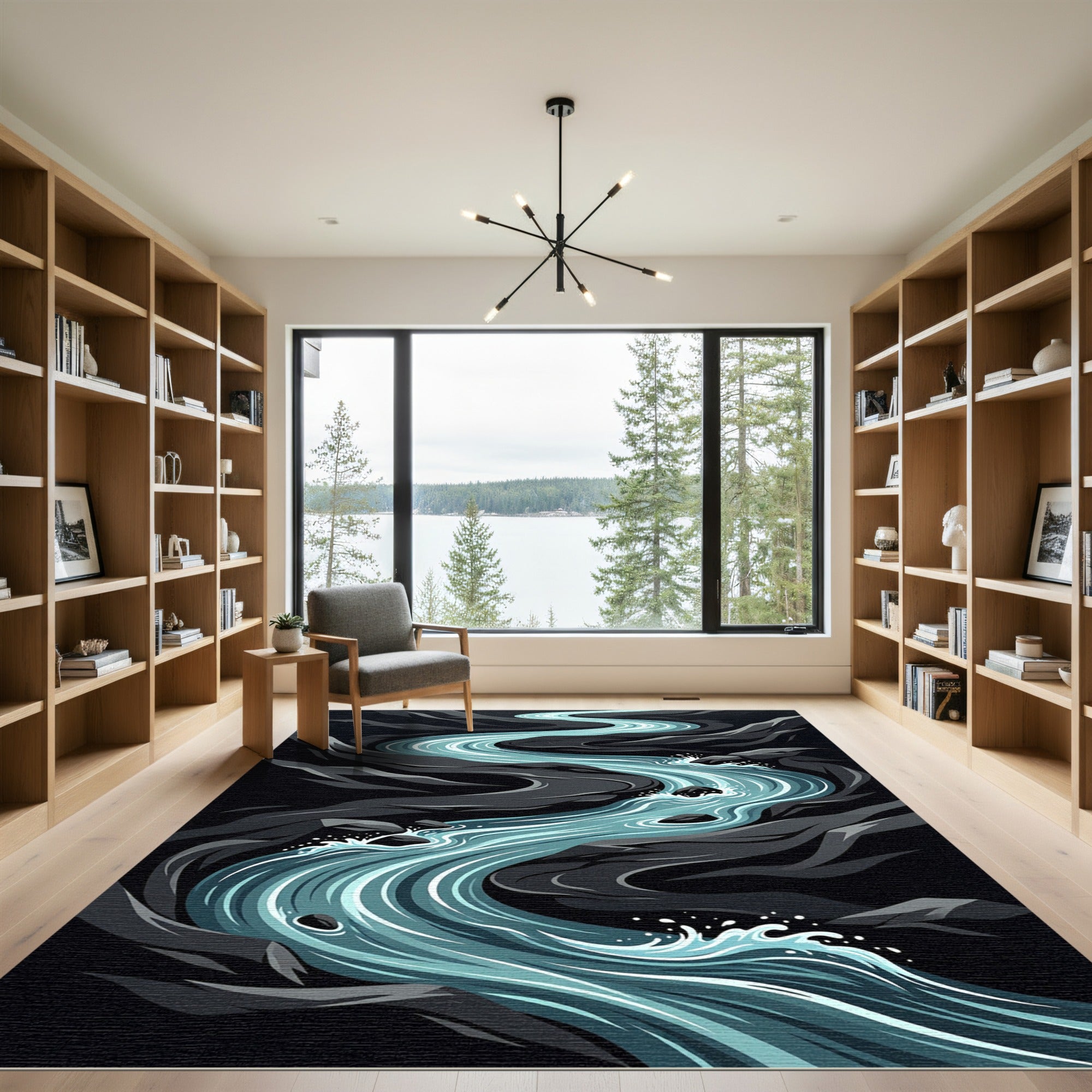 Dark Rocky River Abstract Flow Rug
