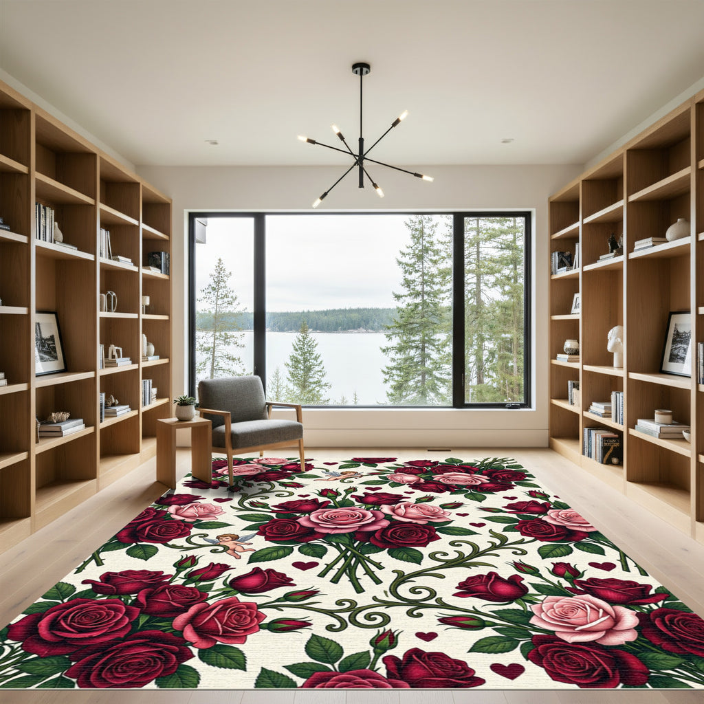 Crimson Pink Roses Cupid Heart Vine Rug