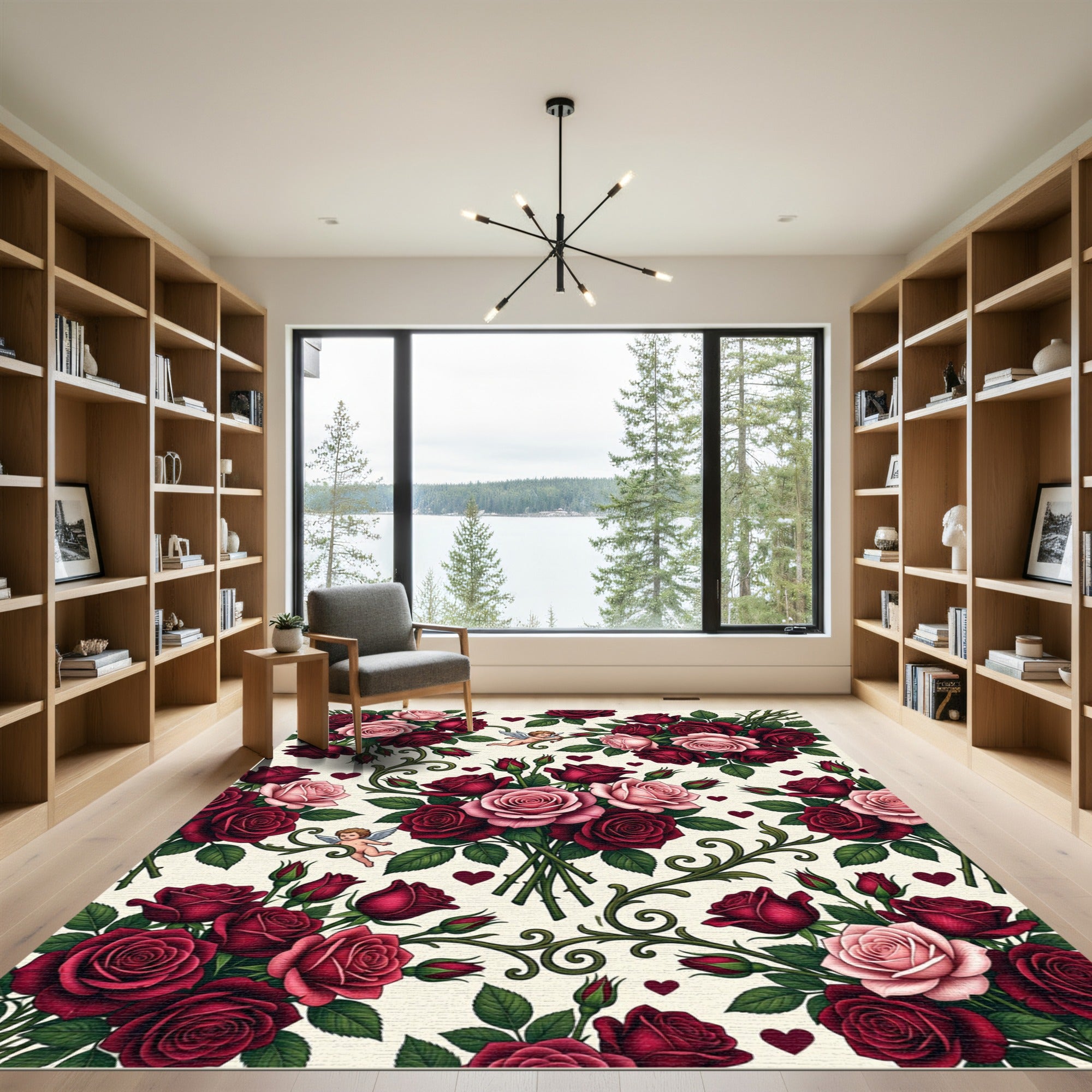 Crimson Pink Roses Cupid Heart Vine Rug