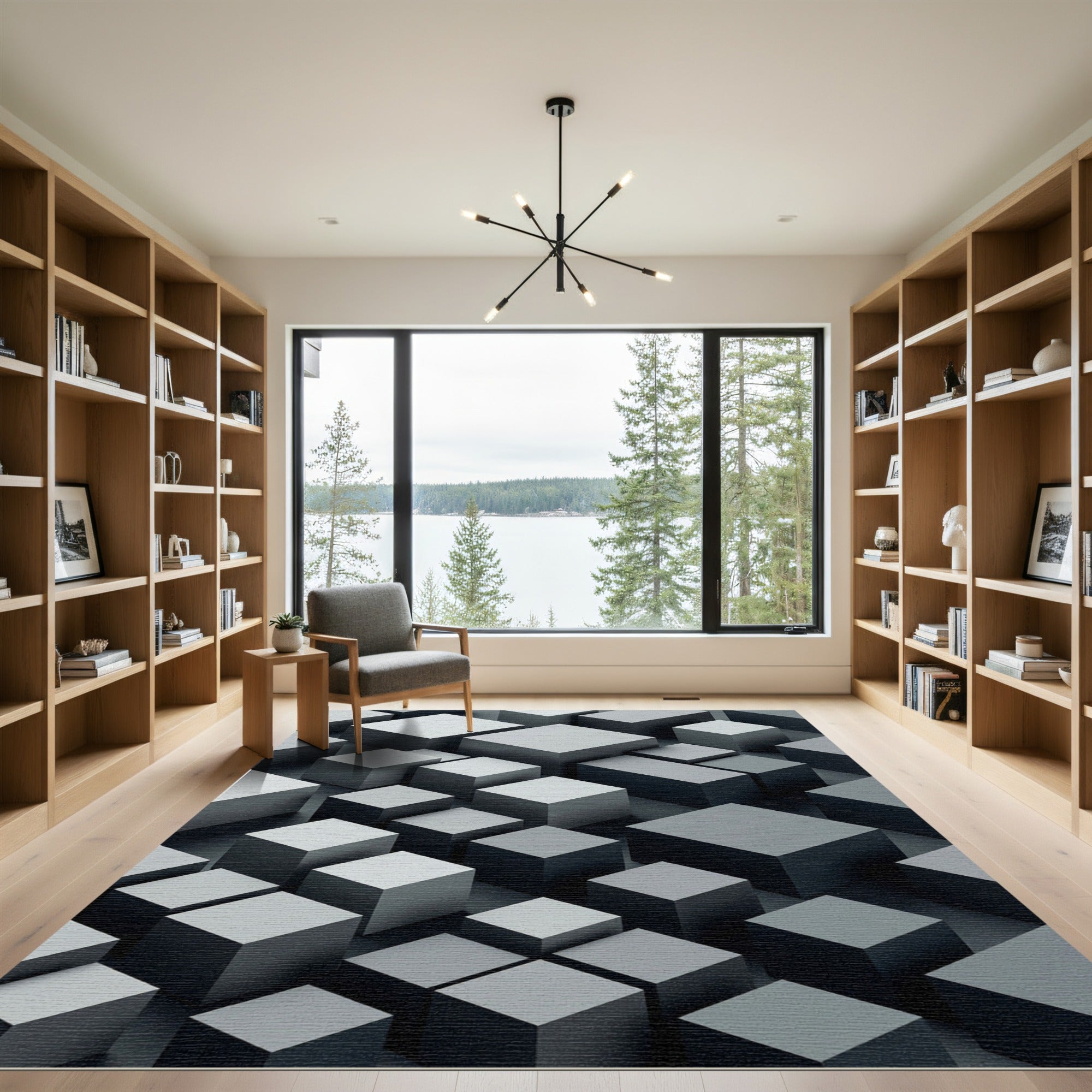 Modern Monochrome Geometric Three-dimensional Cube Block Rug