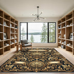 Ornate Gold Black Leaf Scrollwork Rug