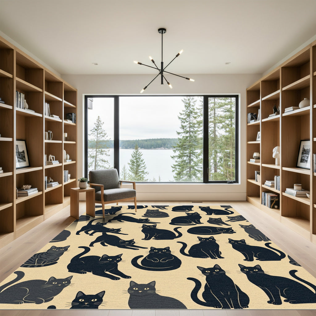 Whimsical Black Cat Graphic Illustration Rug