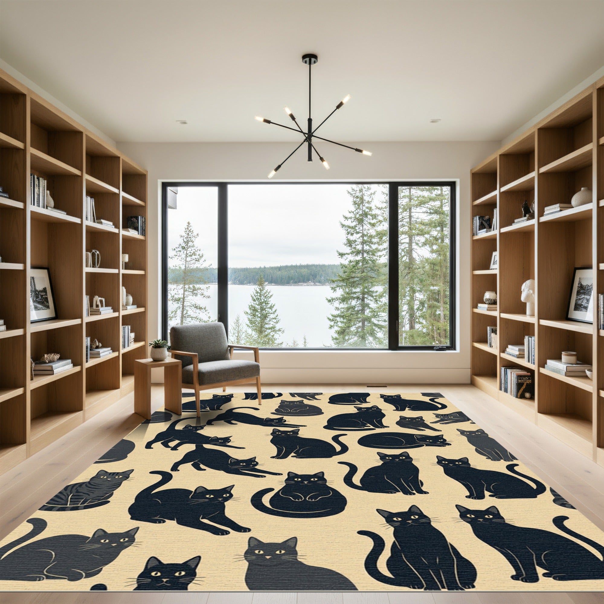 Whimsical Black Cat Graphic Illustration Rug