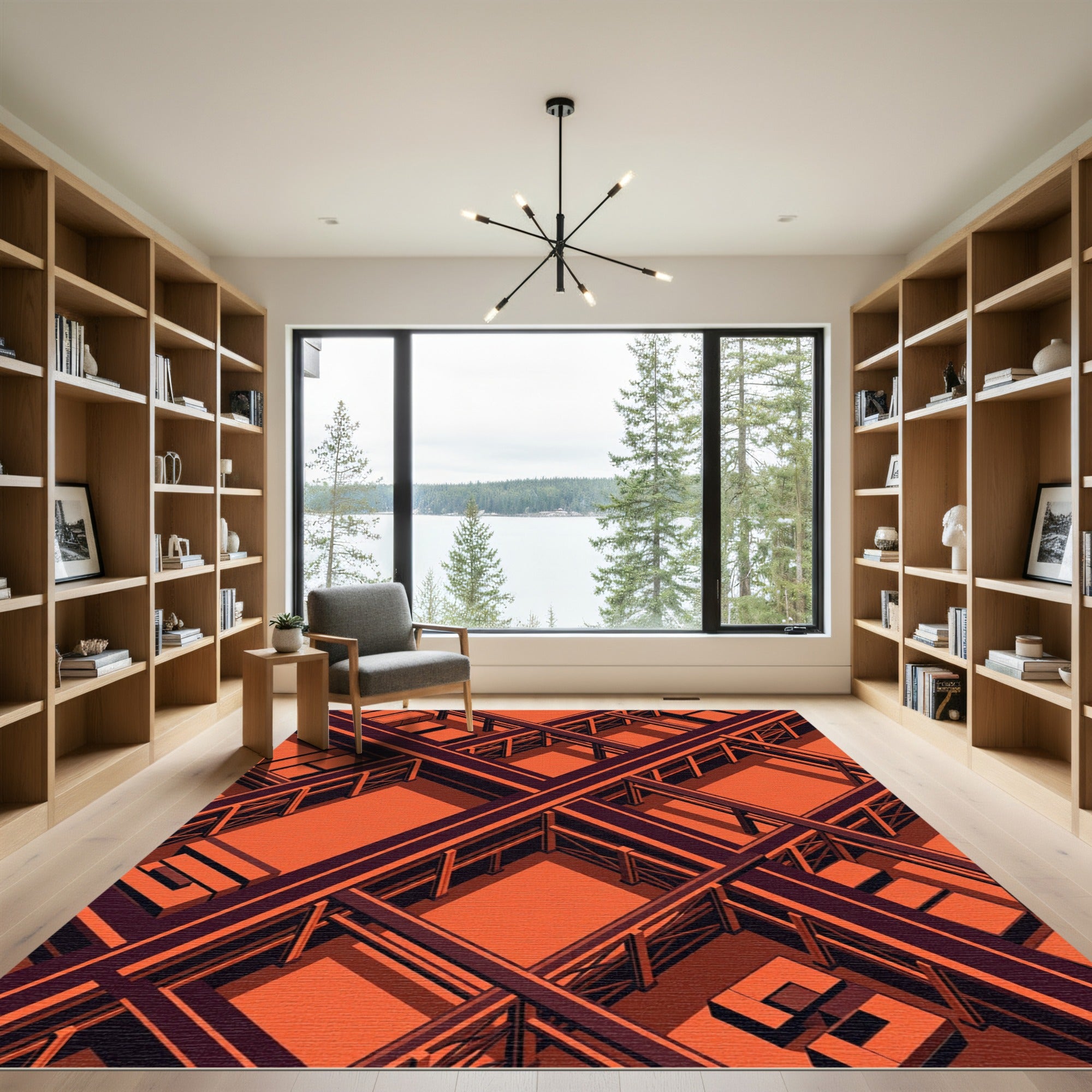 Geometric Labyrinth Orange Structure Rug