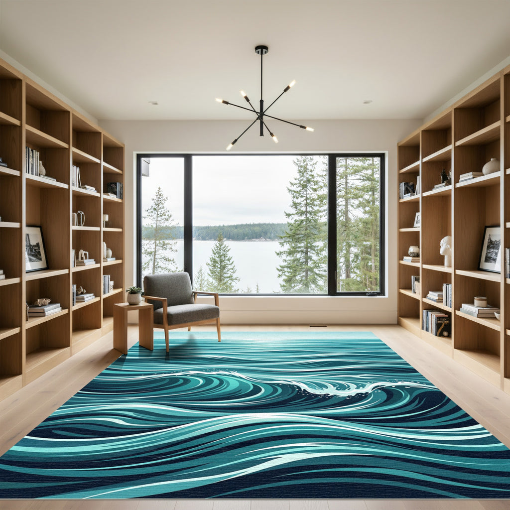 Dynamic Turquoise Swirling Ocean Wave Rug
