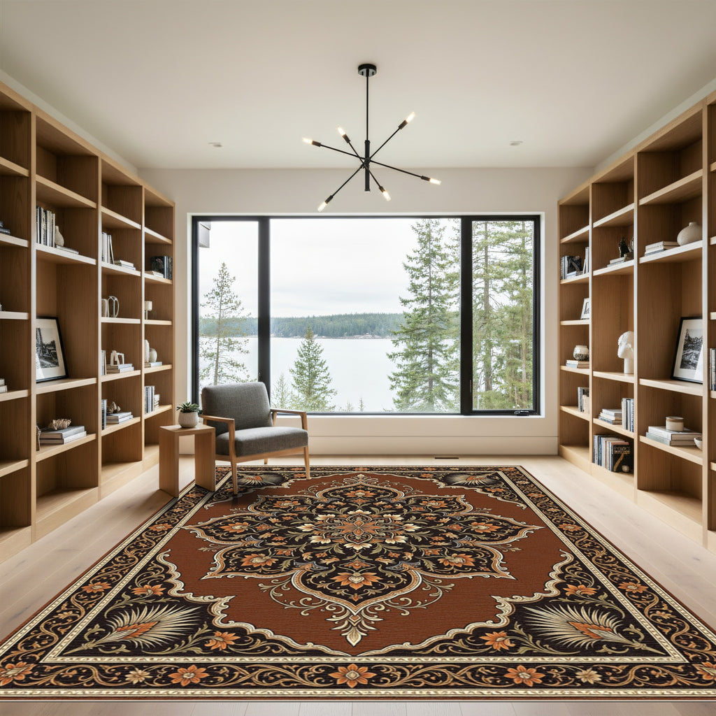 Rich Brown Floral Medallion Rug