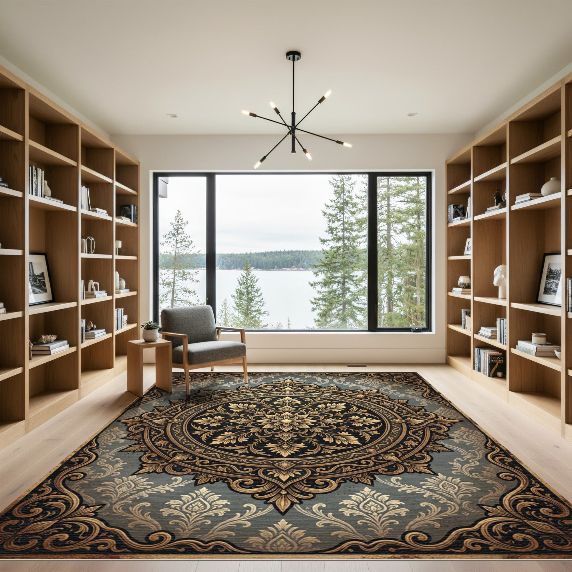 Elegant Golden Floral Medallion Charcoal Grey Rug