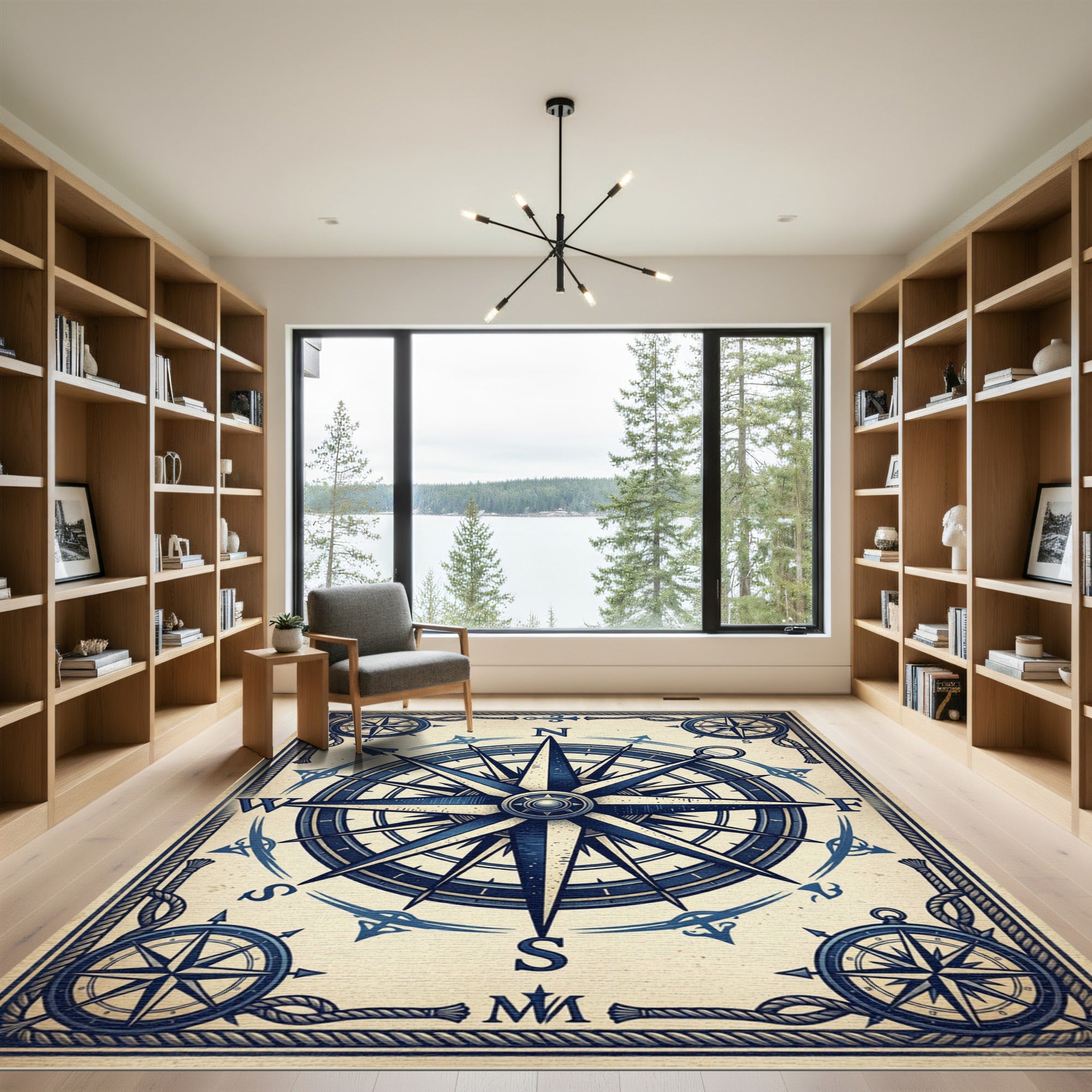 Vintage Nautical Compass Navy Anchor Art Rug