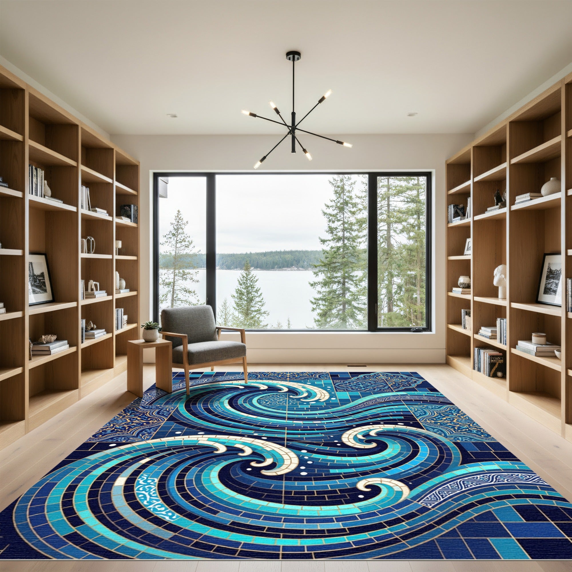 Deep Blue Mosaic Ocean Wave Tiles Rug