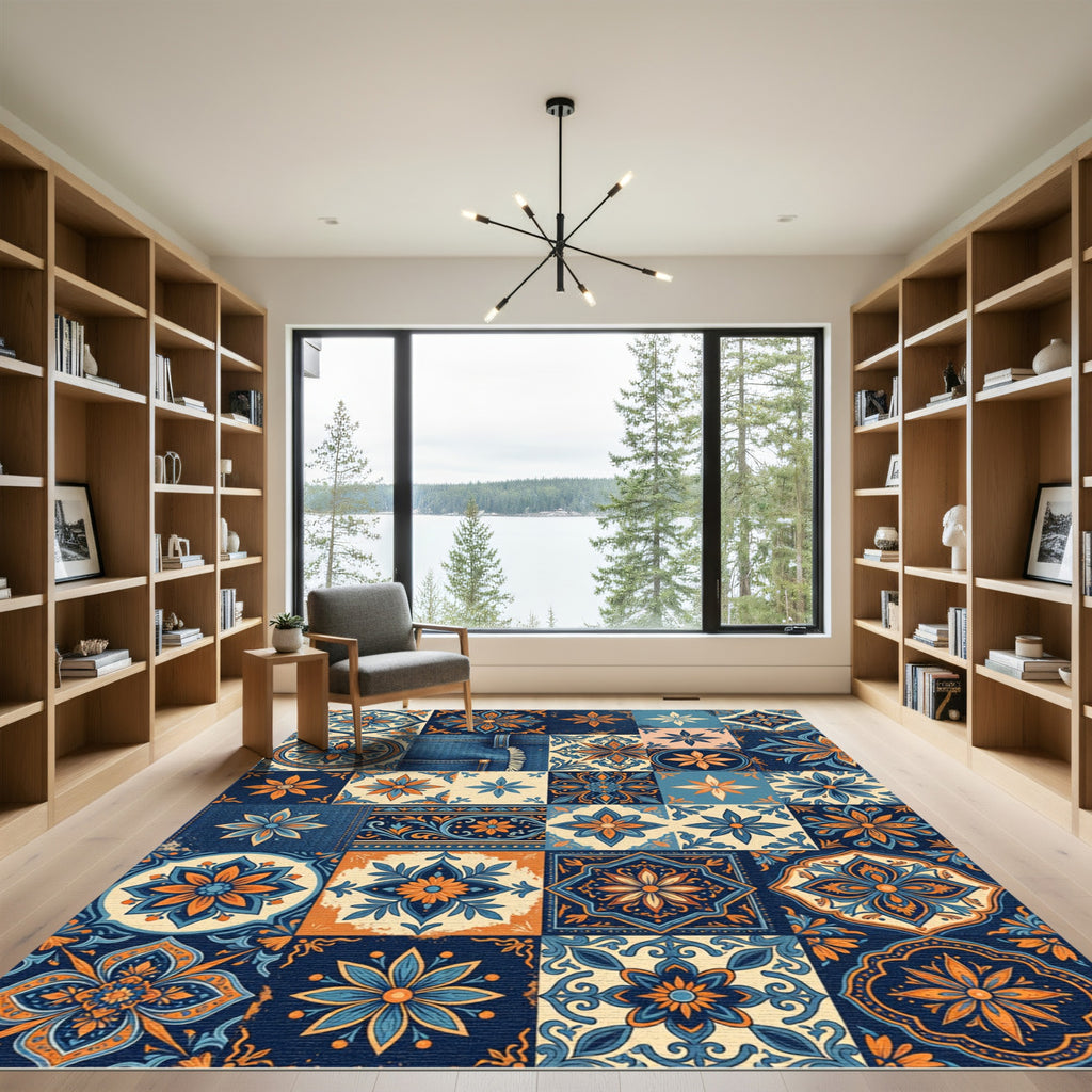Blue and Orange Floral Tile Mosaic Rug