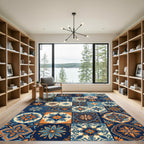 Blue and Orange Floral Tile Mosaic Rug