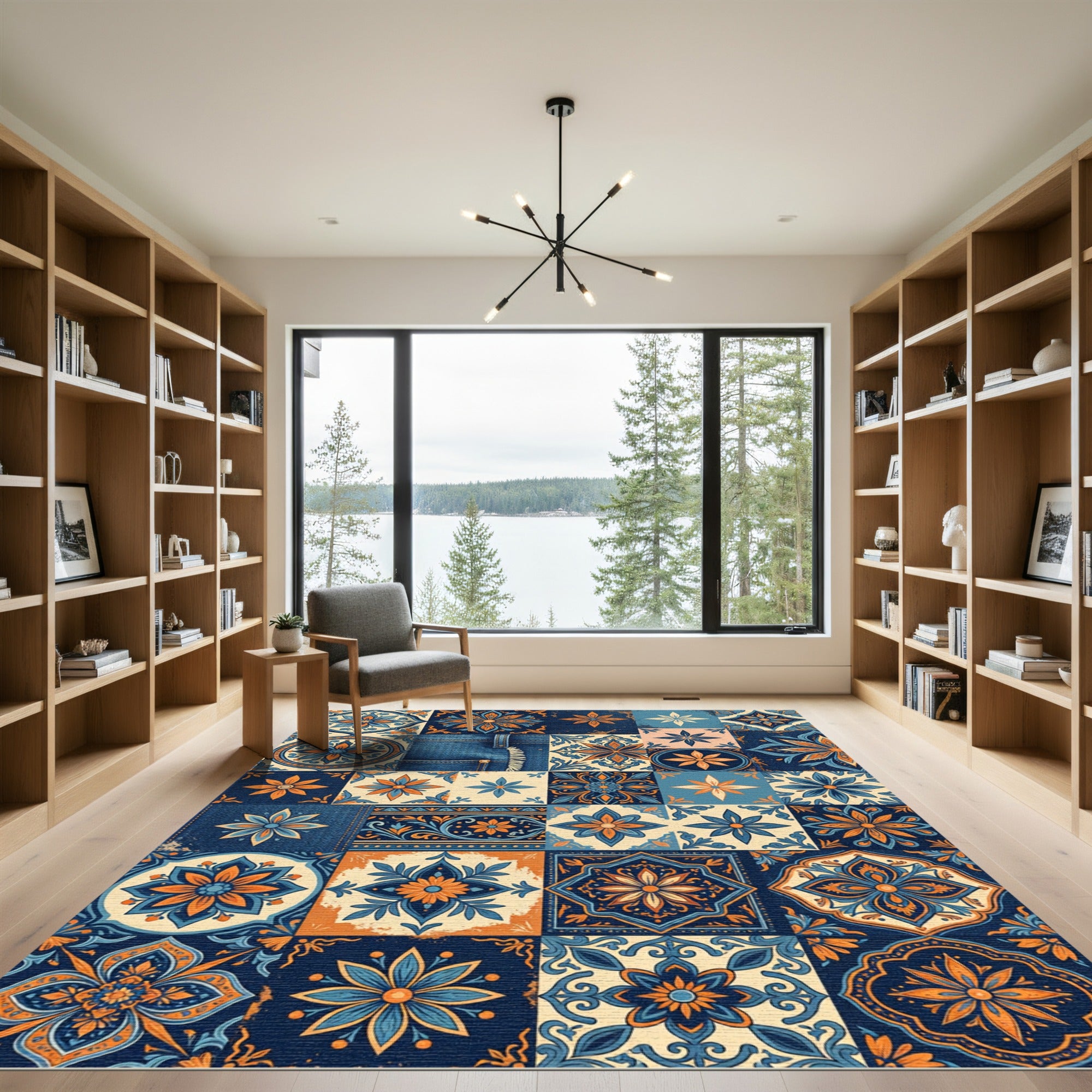 Blue and Orange Floral Tile Mosaic Rug