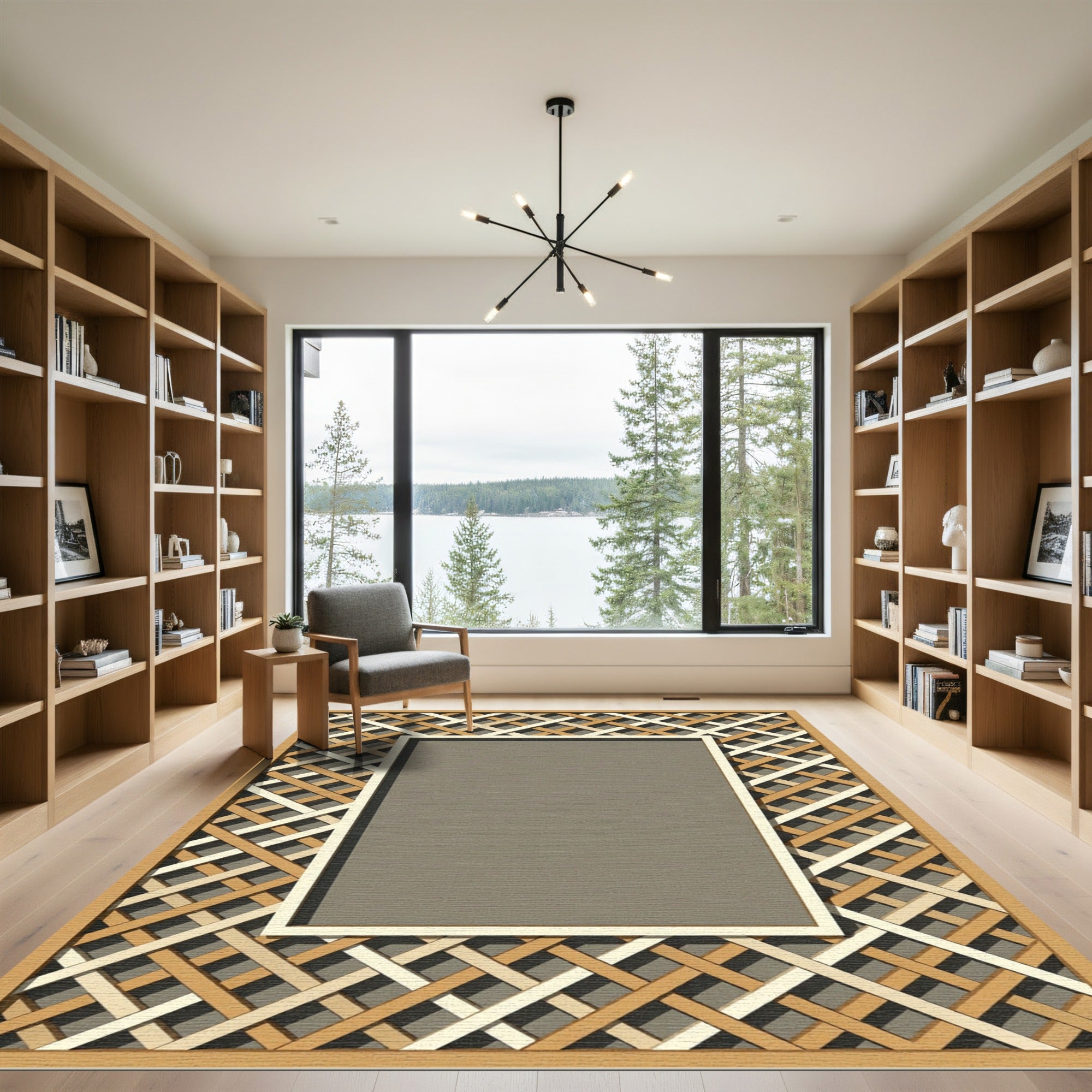 Braided Intersecting Lattice Wood Frame Rug
