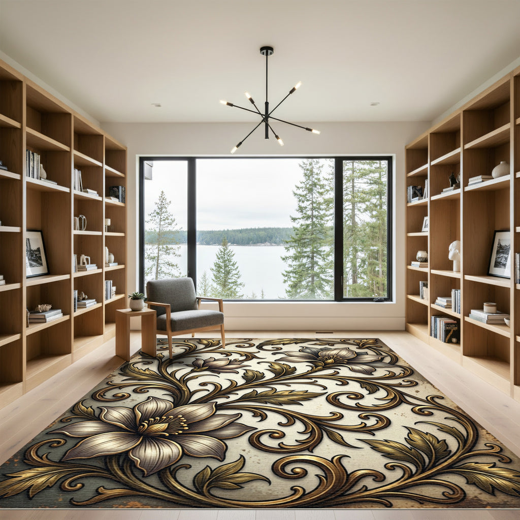 Elegant Golden Floral Scrollwork Art Rug