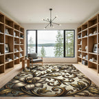 Elegant Golden Floral Scrollwork Art Rug