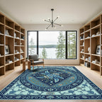 Deep Blue Floral Crest Medallion Rug
