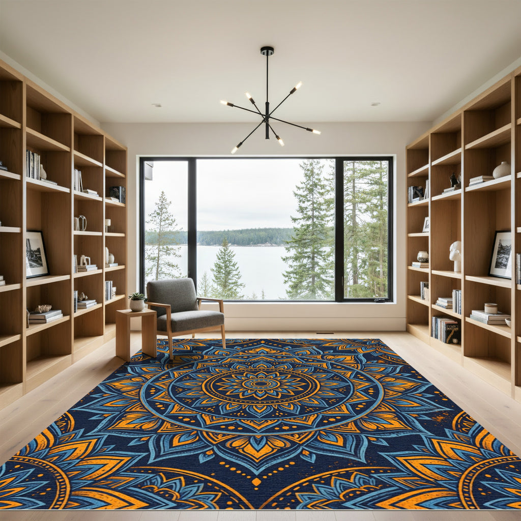Golden Blue Ornate Circular Floral Mandala Rug