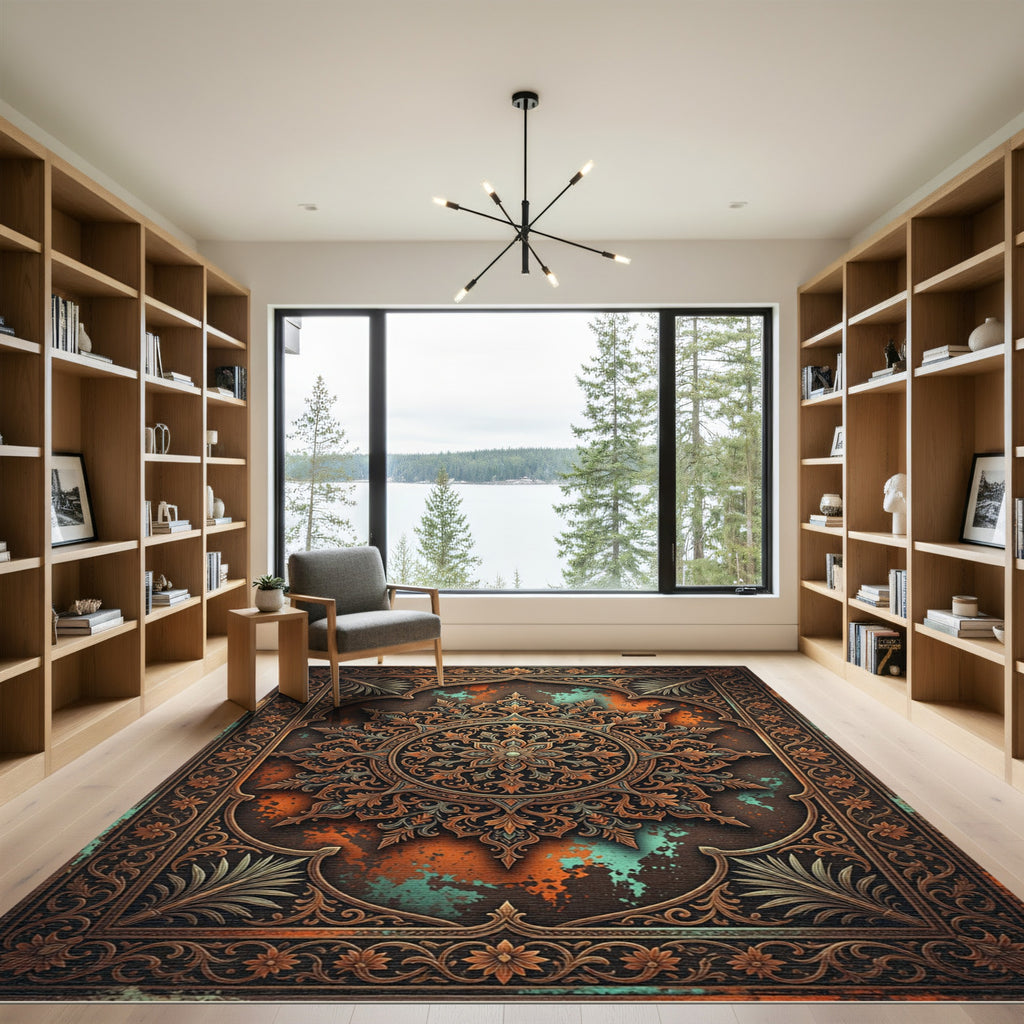Antique Copper Teal Medallion Frame Rug