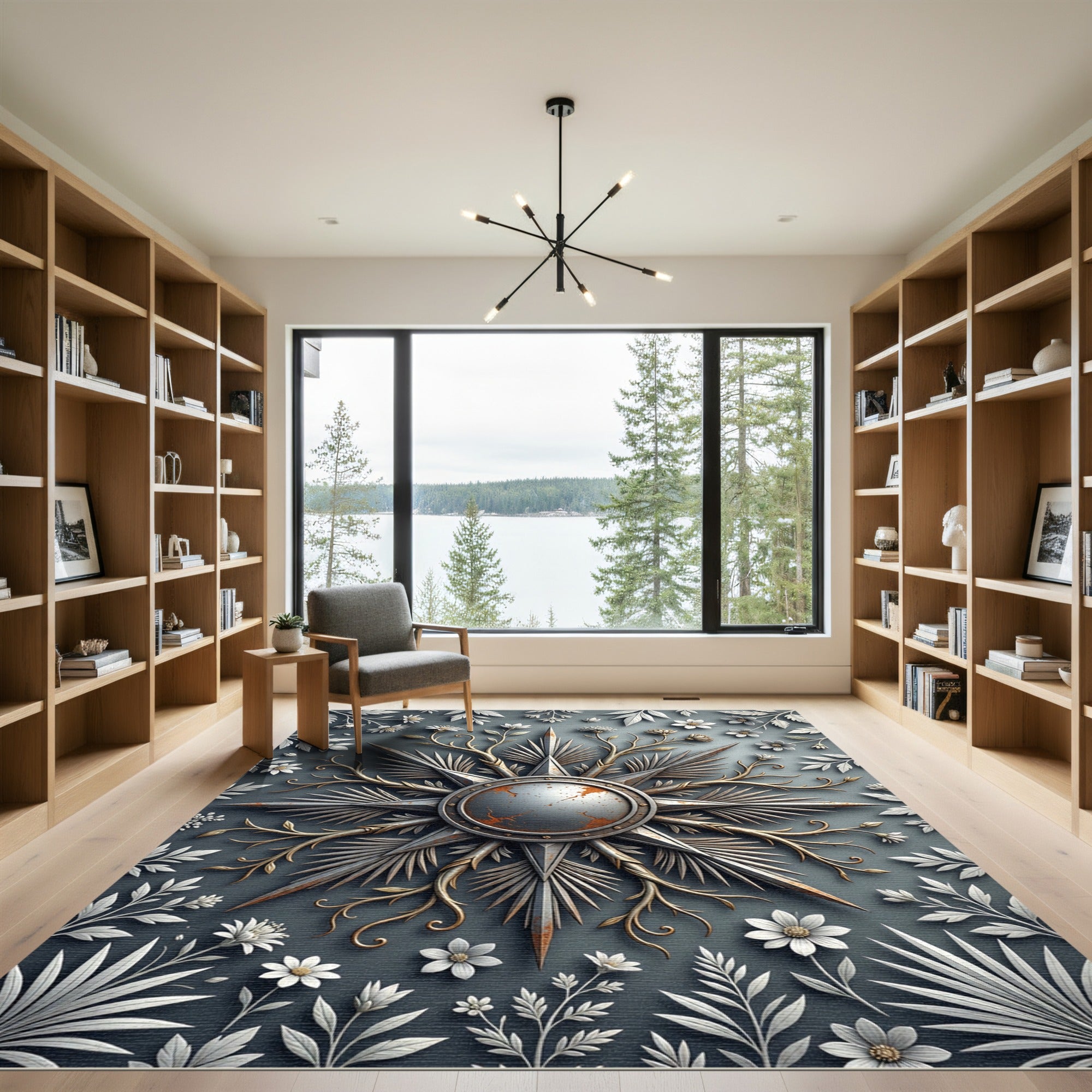 Metallic Starburst and Floral Gray Medallion Rug