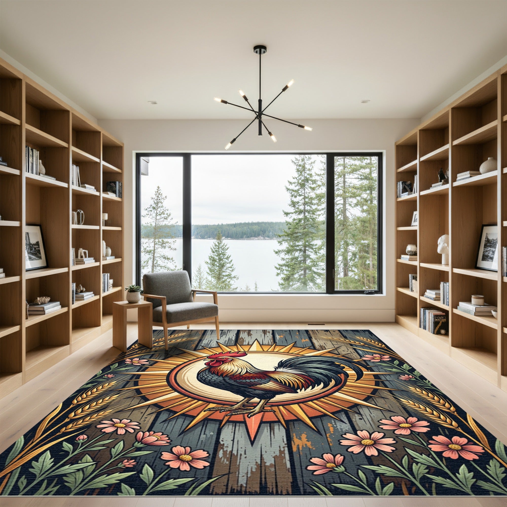 Rustic Rooster Sunburst Wheat Floral Rug