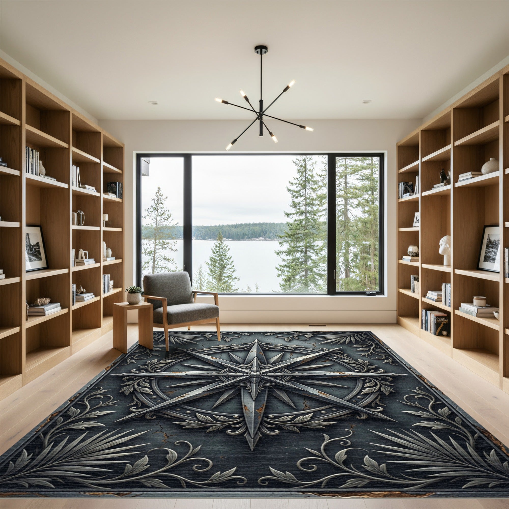 Metallic Silver Compass Star Plaque Rug