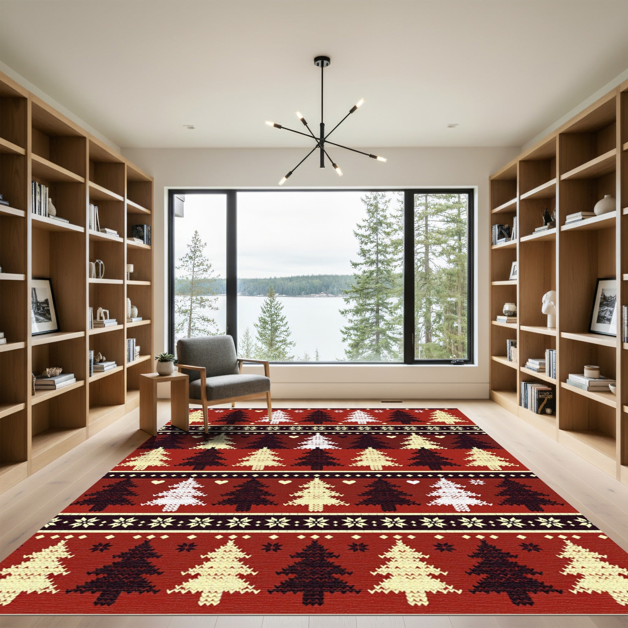 Red Cream Black Fair Isle Trees Rug