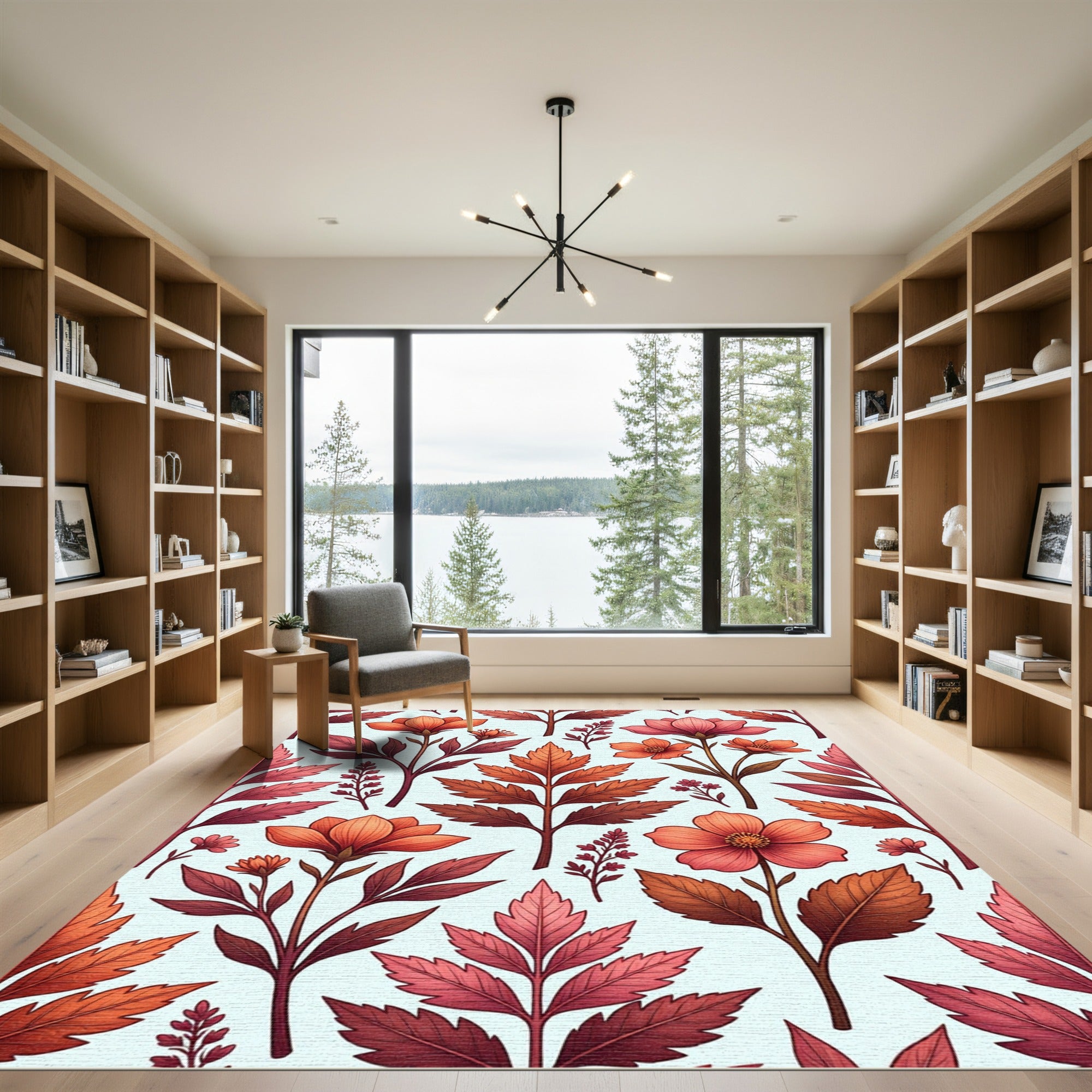 Coral Pink Autumn Floral Branch Arrangement Rug