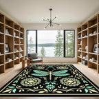 Aqua Yellow Dragonfly Floral Border Rug
