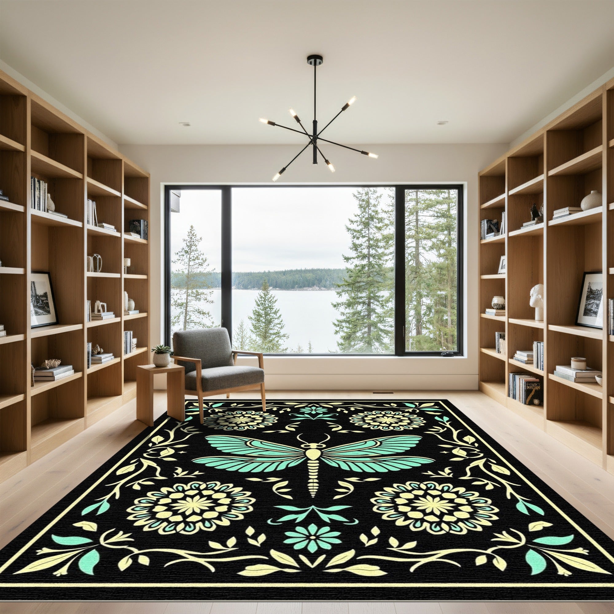 Aqua Yellow Dragonfly Floral Border Rug