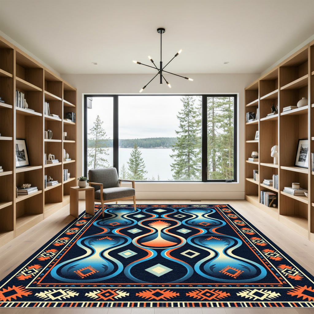 Abstract Hourglass Blue Orange Border Rug