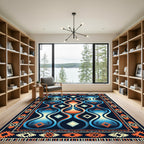 Abstract Hourglass Blue Orange Border Rug