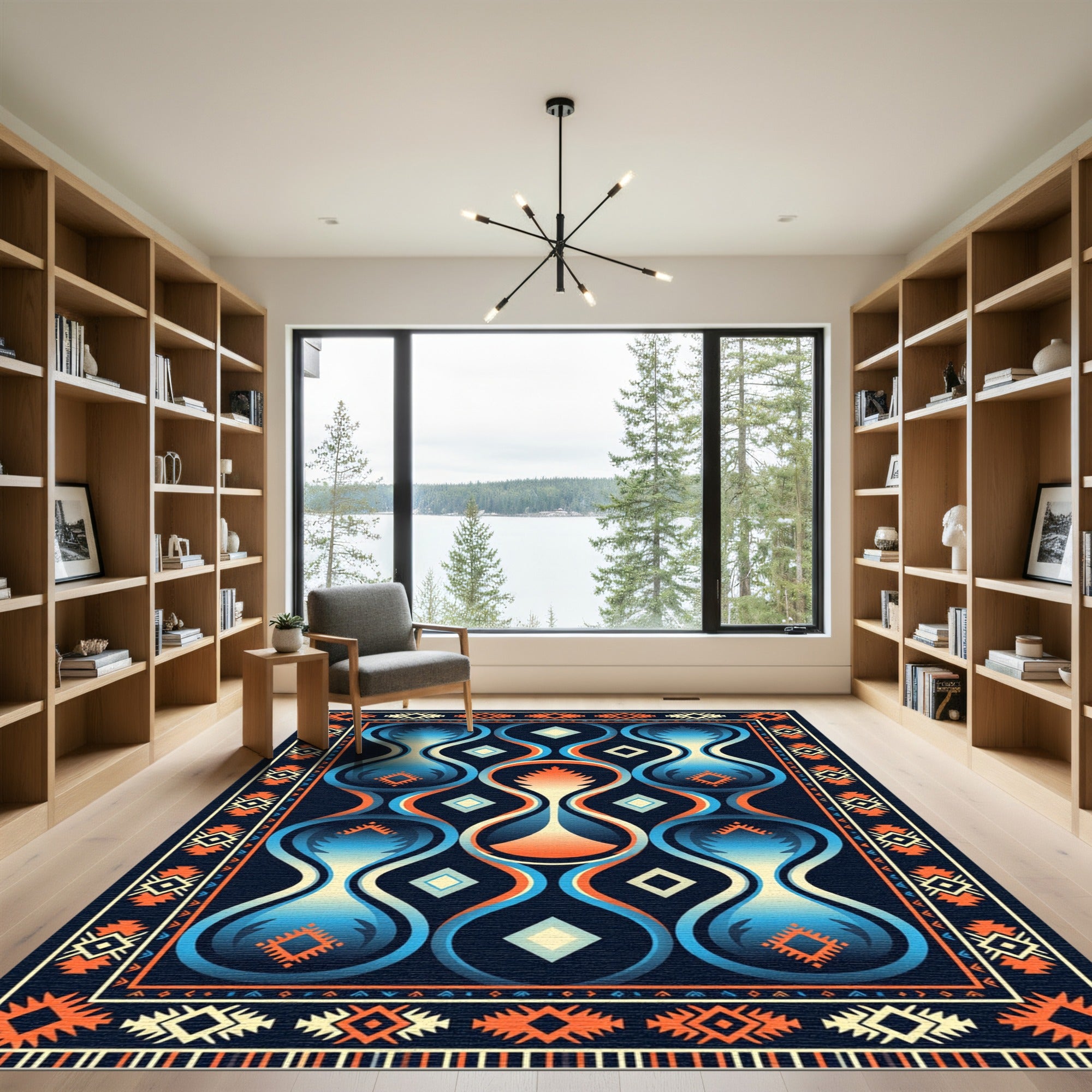 Abstract Hourglass Blue Orange Border Rug
