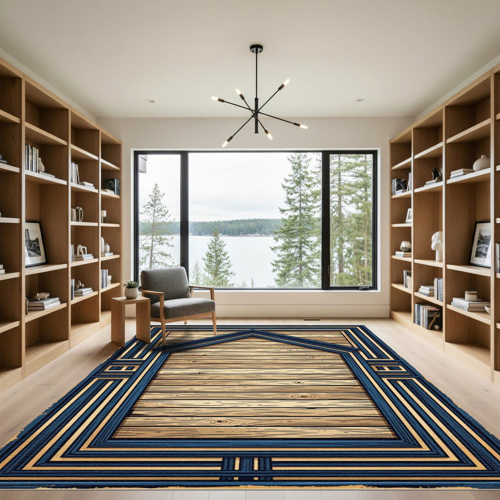 Art Deco Navy Golden Geometric Frame Rug