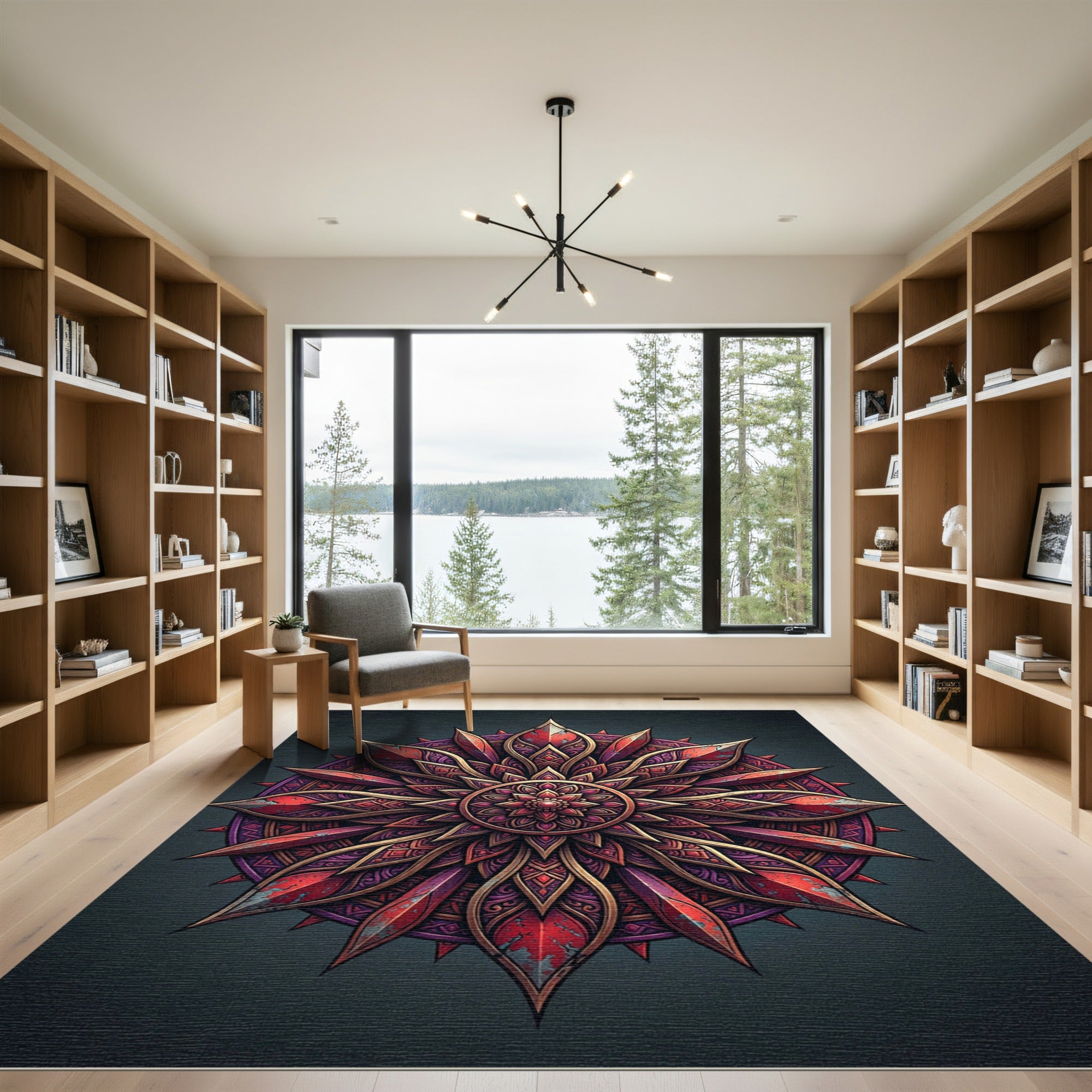 Ornate Crimson Golden Lotus Mandala Rug