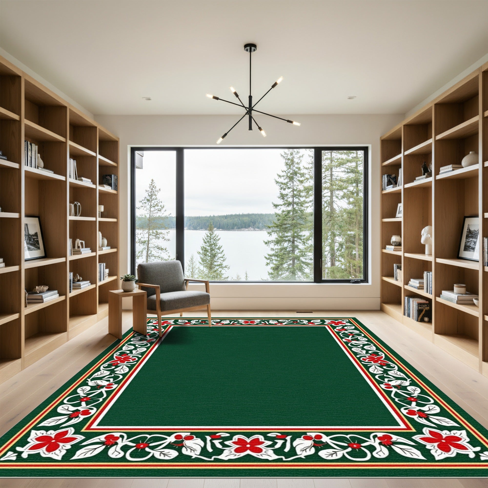 Elegant Red Floral Green Border Rug