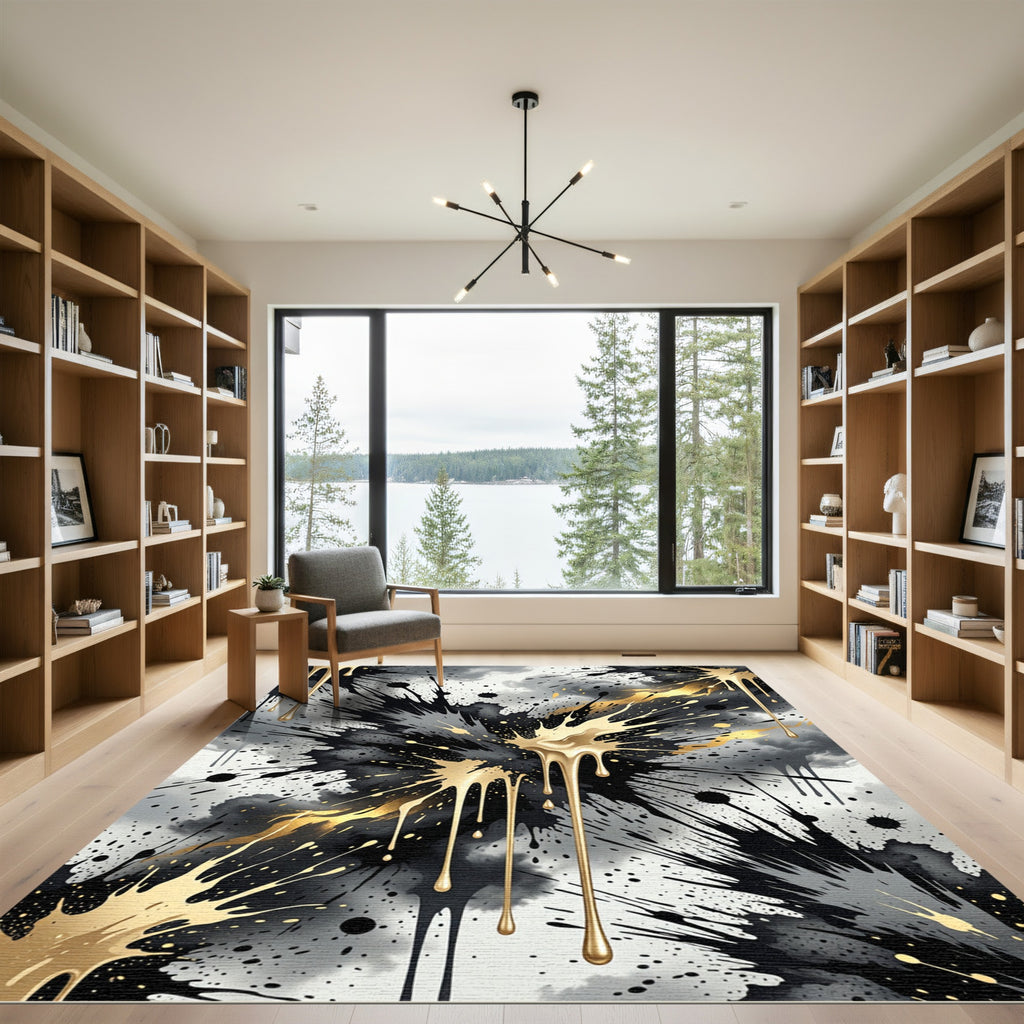 Black and Gold Abstract Ink Splash Rug
