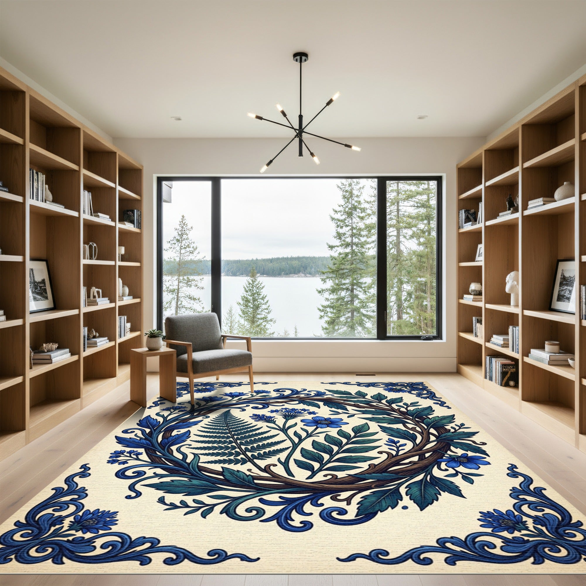 Blue Botanical Wreath with Ferns Rug