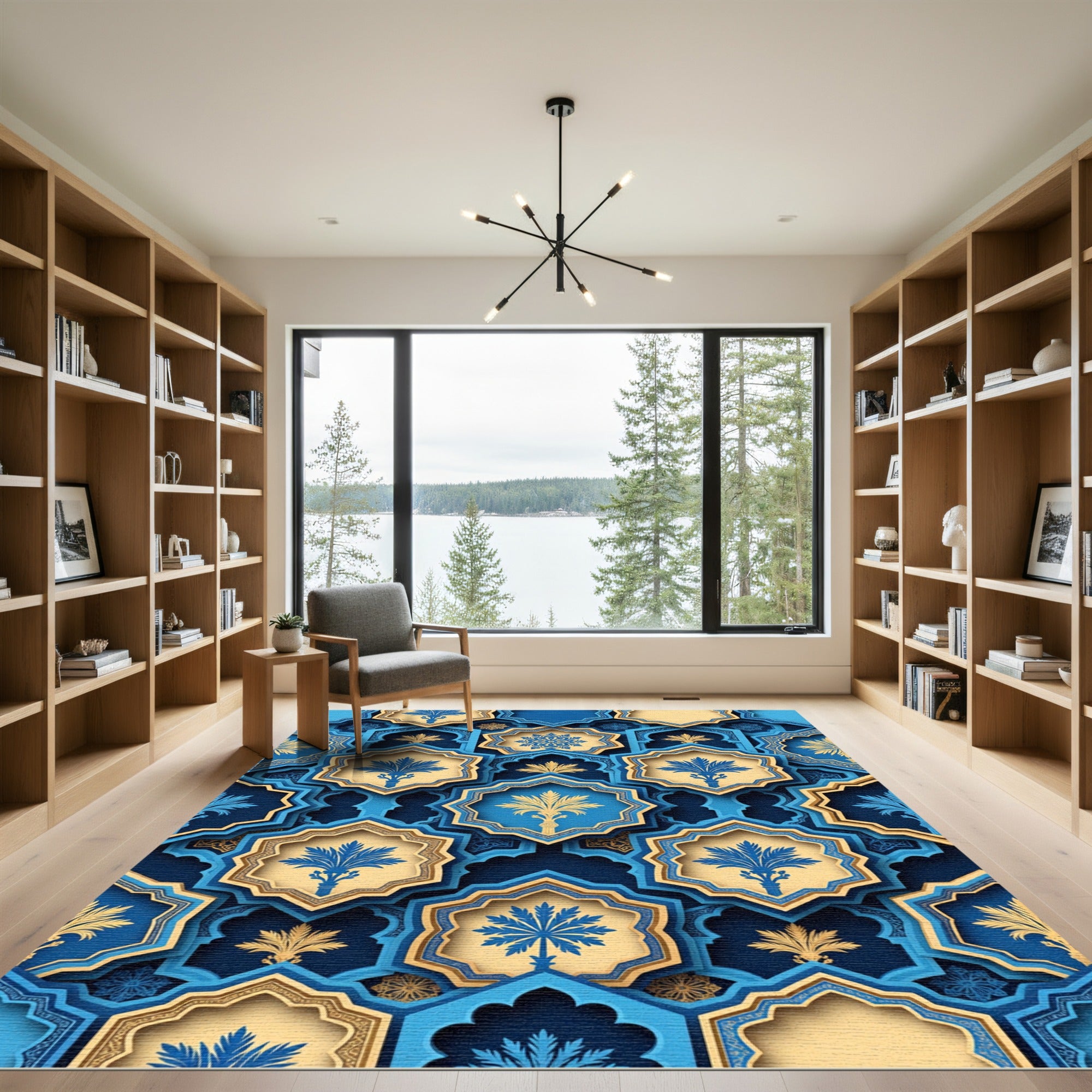 Azure Golden Starburst Tile Arrangement Rug
