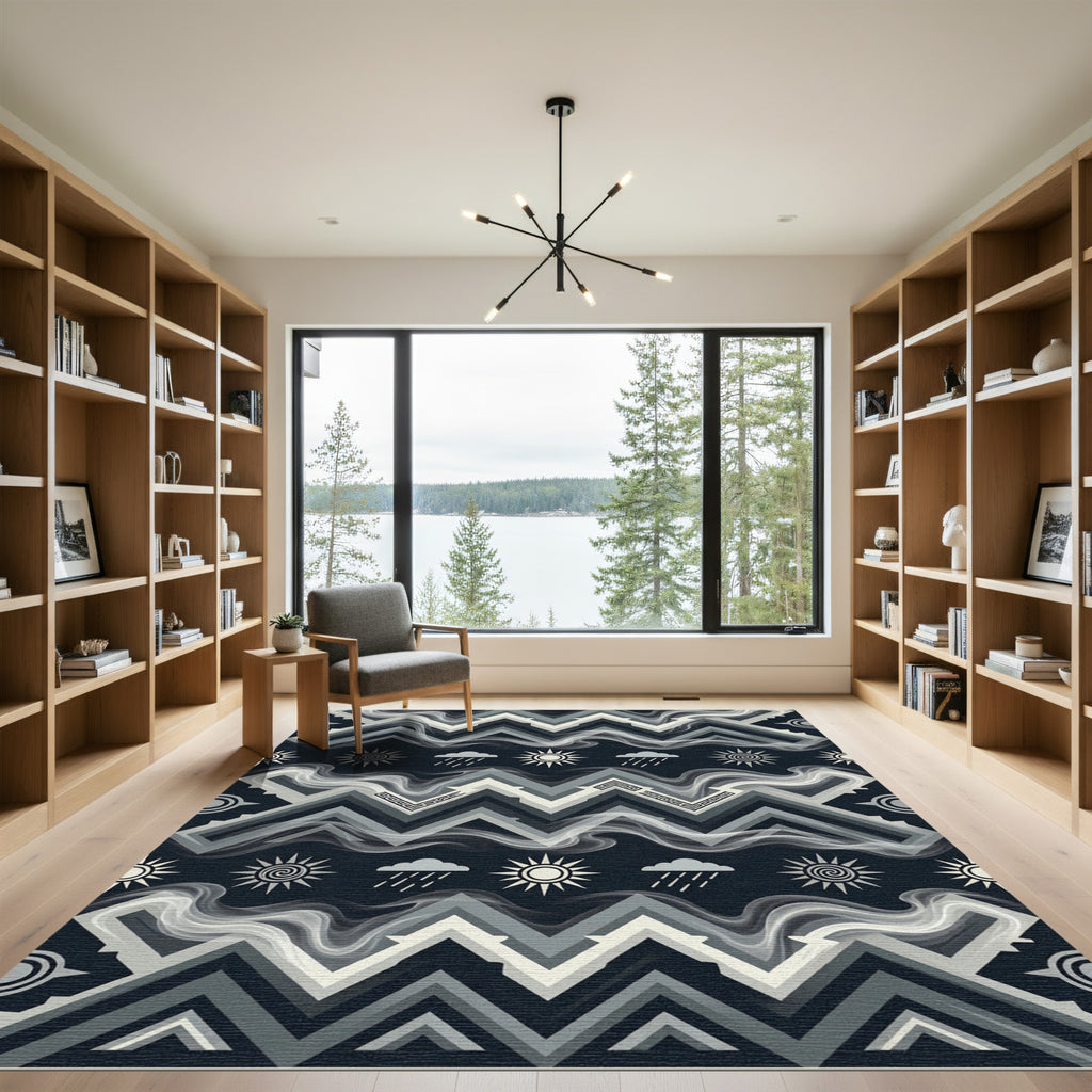 Dark Gray Sun Cloud Geometric Zigzag Rug
