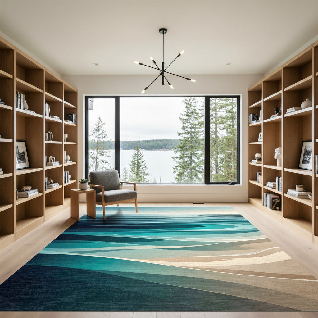 Abstract Teal Ocean Wave Horizon Rug