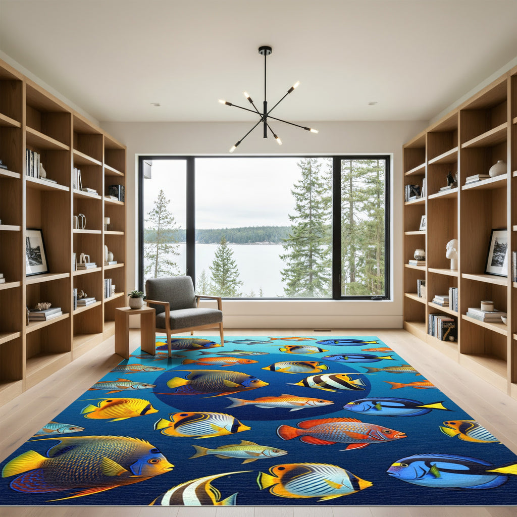 Oceanic Fish School Blue Aquatic Tapestry Rug