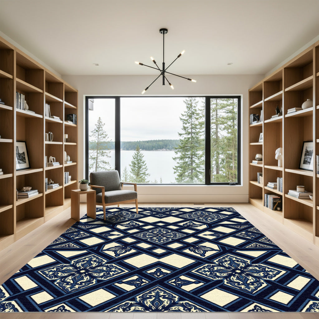 Navy Blue Damask Trellis Lattice Rug